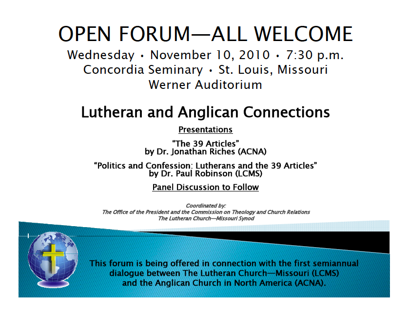Open Forum between Lutherans and Anglicans – Wed, Nov 10