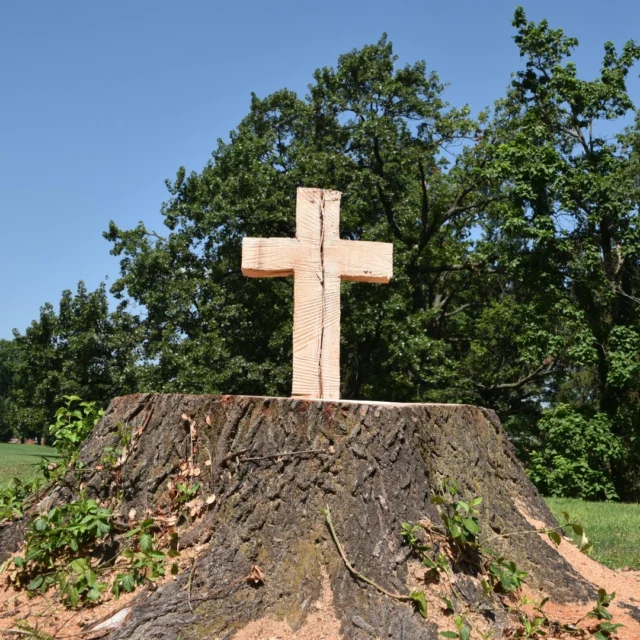 On Commencement day, a tornado swept through the Seminary campus, toppling more than 150 trees. In the months since, several stumps have been transformed into crosses — carved from the very trunks that once provided shade along our paths.
 
These simple crosses now stand as symbols of both loss and hope — of beauty from brokenness, of the enduring promise of Christ, who makes all things new.
 
“And he who was seated on the throne said, ‘Behold, I am making all things new’” (Rev. 21:5 ESV).